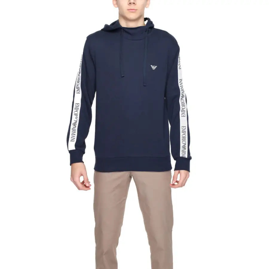 
                      
                        Emporio Armani men’s navy hoodie with white tape on sleeves for urban style clothing
                      
                    