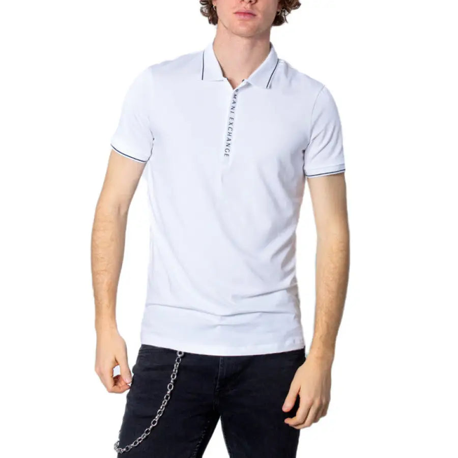 Man wearing Armani Exchange polo with urban style clothing in city
