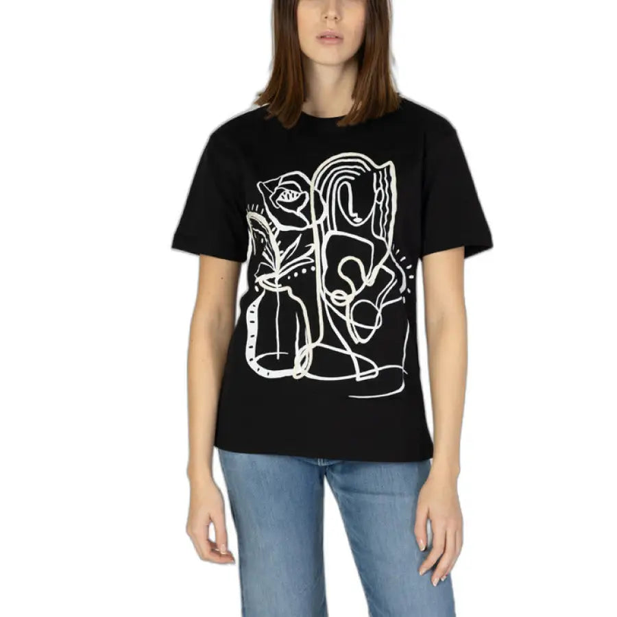 Desigual women t-shirt featuring a black design with a white drawing of a woman