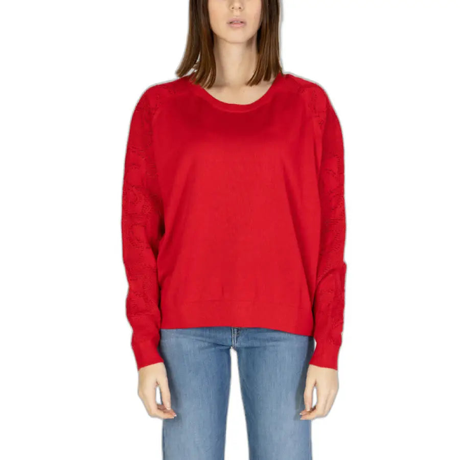 Desigual women knitwear - woman in red sweater with lace detailing