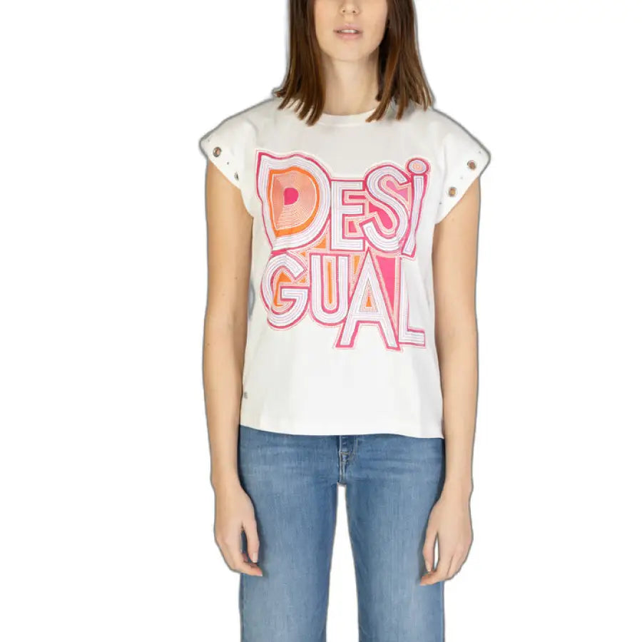 Desigual women t-shirt featuring graphic design on white shirt